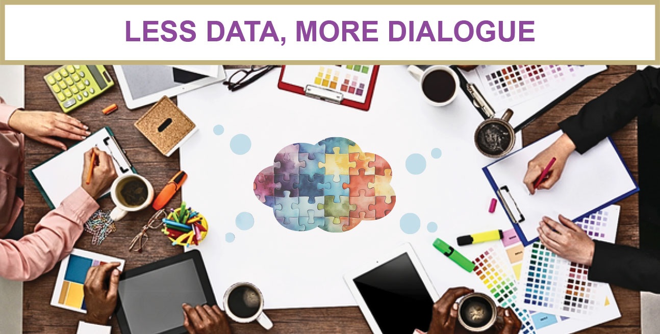 People collaborating around a shared workspace, symbolizing dialogue, diverse perspectives, and collaborative leadership